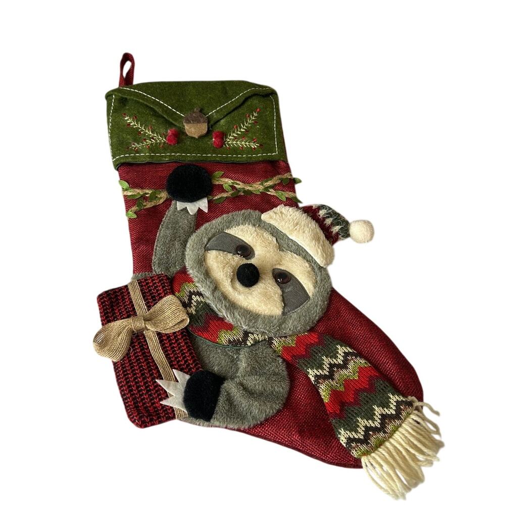 3D Christmas stocking Plush Sloth holding a wrapped present